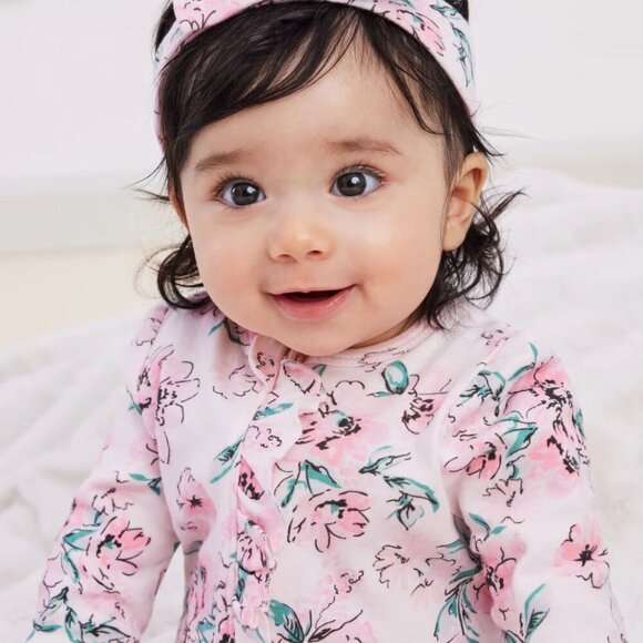 Little Me - NWOT - Dream Floral Pink and Green Footie One Piece Sleeper - Picture 1 of 5